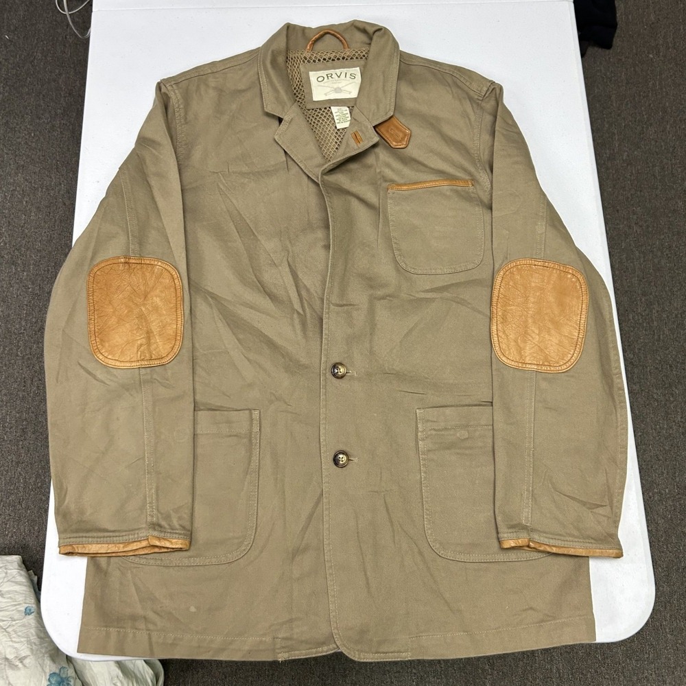 Orvis Field Jacket Mens 44L Tan Leather Trim Cotton Canvas Utility Coat